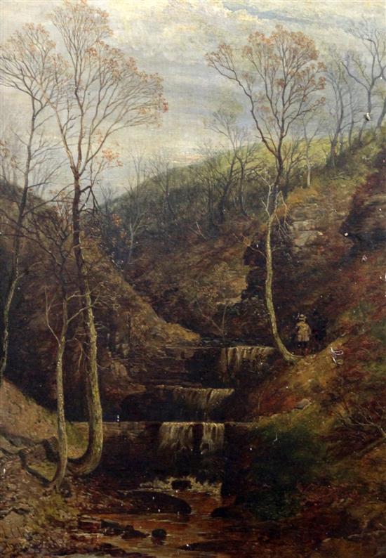John Holland Senior (1829-1886) Woodland waterfalls Nul Cleven ... Bridge 22 x 16in.